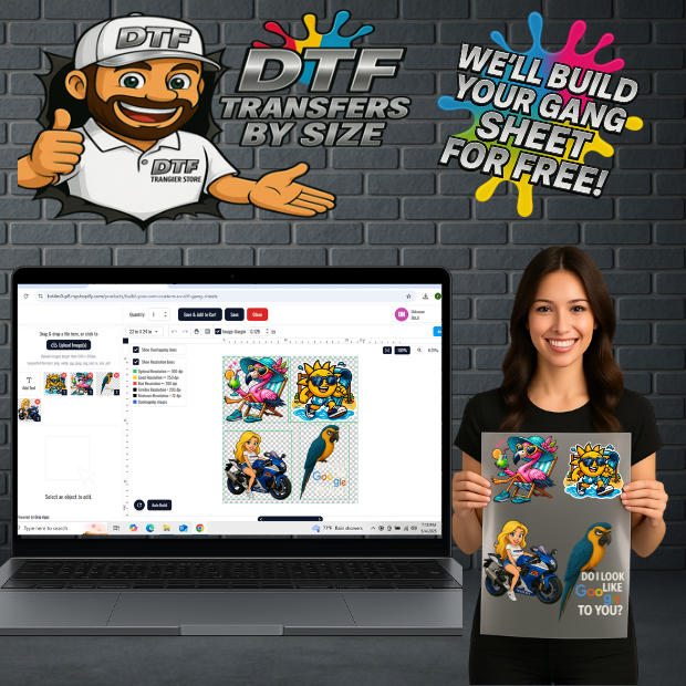 Custom DTF transfers by size with branded mascot, laptop gang sheet preview, and printed designs held by smiling model
