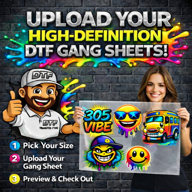 Upload Your High-Definition DTF Gang Sheet – Fluorescent Printing
