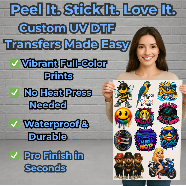 Smiling woman holding UV DTF transfer sheet with bold cartoon decals, featuring no heat press needed, waterproof finish, and vibrant full-color prints.