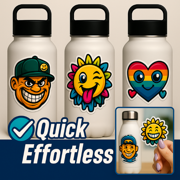 Three water bottles with UV DTF decals including a cartoon face, winking sun, and rainbow heart, showing quick and effortless sticker application.