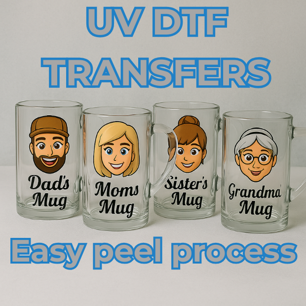 Clear glass mugs with cartoon family faces labeled Dad, Mom, Sister, and Grandma using UV DTF transfer easy peel process for mugs.