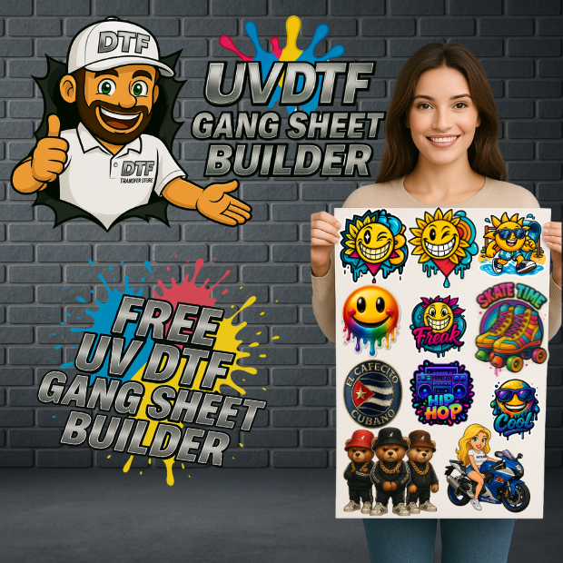 Smiling woman holding colorful UV DTF gang sheet with cartoon decals; brick wall background featuring “Free UVDTF Gang Sheet Builder” promo.