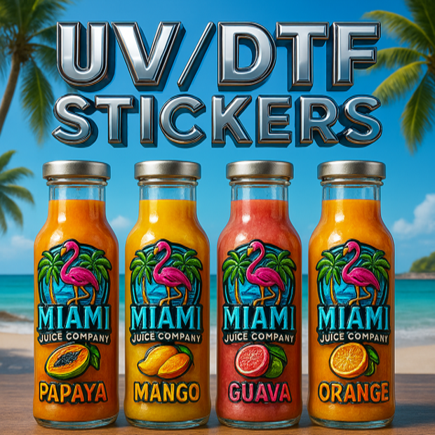 Four colorful Miami Juice Company bottles with UV DTF stickers featuring flamingos and tropical fruits: papaya, mango, guava, and orange on a beach backdrop.