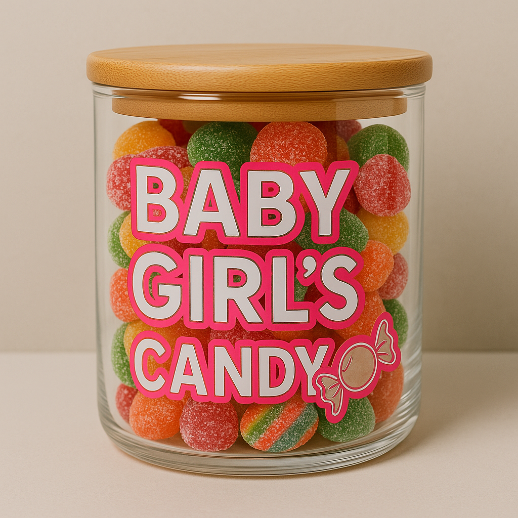 Clear candy jar with “Baby Girl’s Candy” UV DTF transfer sticker in bold pink and white, applied to glass with vibrant gumdrops inside.