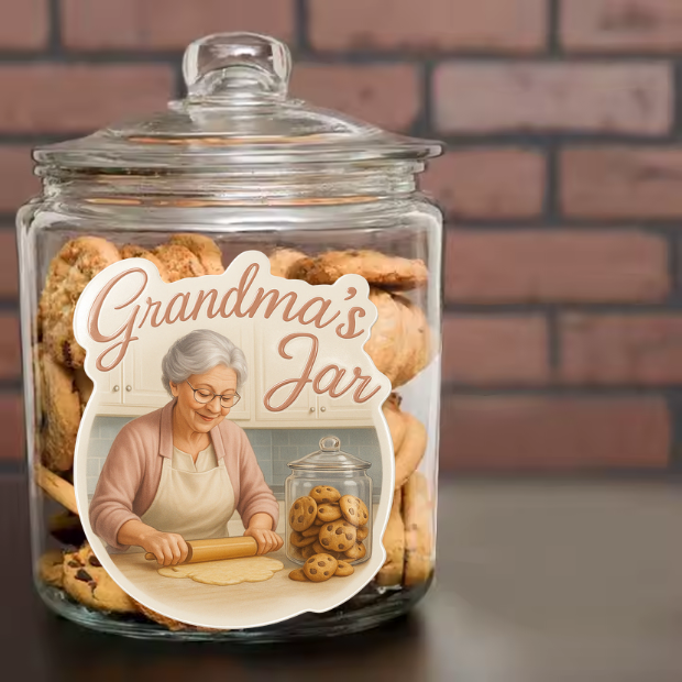 Glass cookie jar labeled “Grandma’s Jar” using a UV DTF transfer sticker featuring a smiling grandma rolling dough, with cookies in the background.