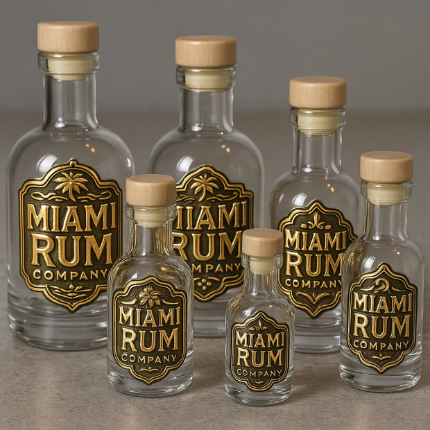 Set of six glass bottles labeled Miami Rum Company using UV DTF transfer stickers with gold detailing, showcasing premium branding on clear glass.