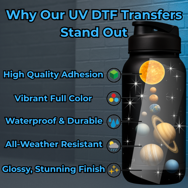 Black bottle with UV DTF transfer of planets, highlighting high adhesion, waterproof durability, vibrant color, and glossy all-weather finish.